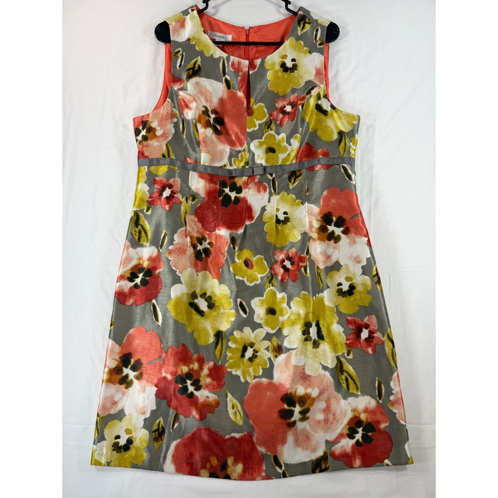Dressbarn Womens Floral Empire Waist Sleeveless Shift Dress Grey Coral Yellow 16